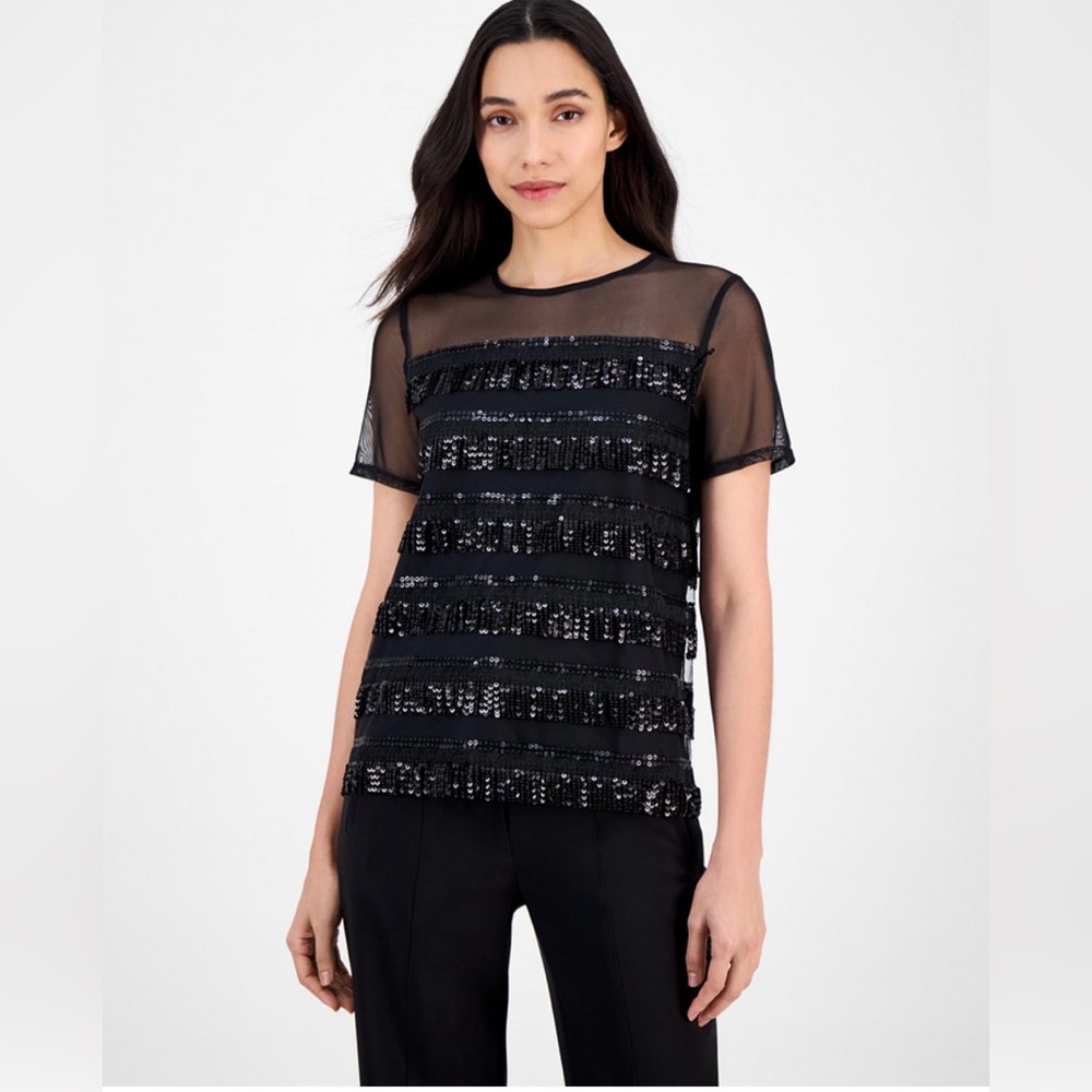 Anne Klein Women’s Crewneck Sequin Fringe trim top M